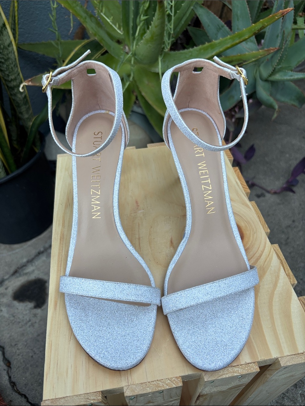 Stuart Weitzman Glitter Silver Ankle-Strap Sandals